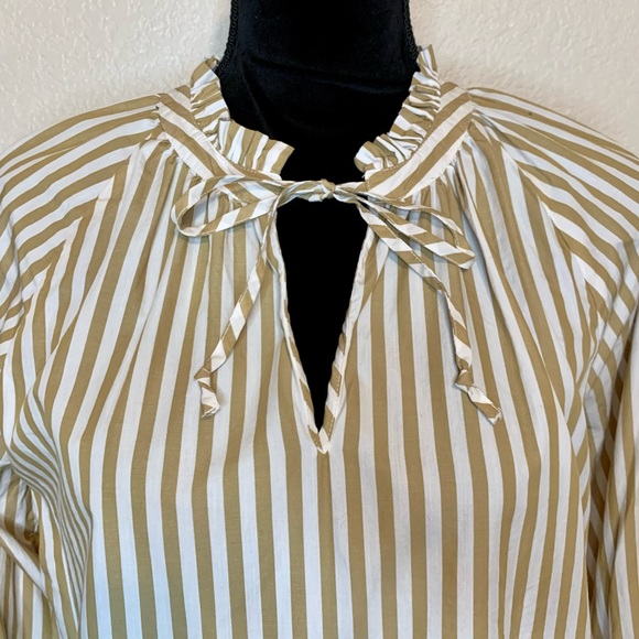 J. Crew ReImagined Popover Top Smocked Cuffs Ruffle Neck Striped Tan White Small - Picture 4 of 16